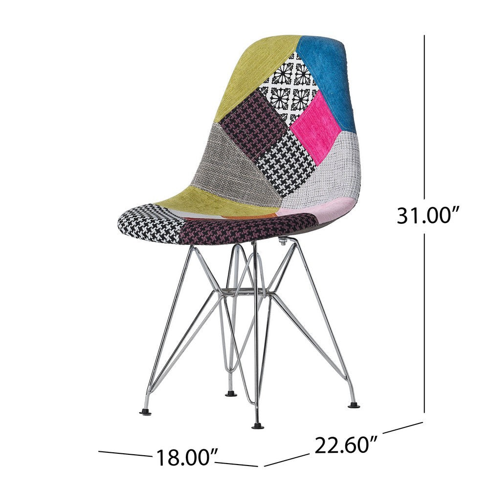 Benjara Accent Chair Set of 2, Multicolor Pink Patchwork w Eiffel Metal Base