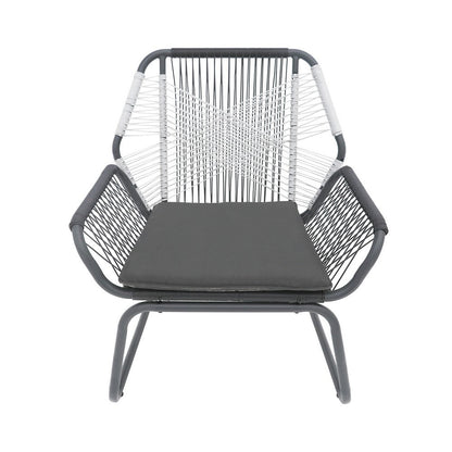 Benjara Meny Outdoor Club Chair Set of 2, White Rattan Woven, Matte Gray Metal