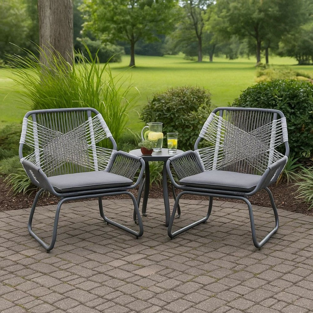 Benjara Meny Outdoor Club Chair Set of 2, White Rattan Woven, Matte Gray Metal