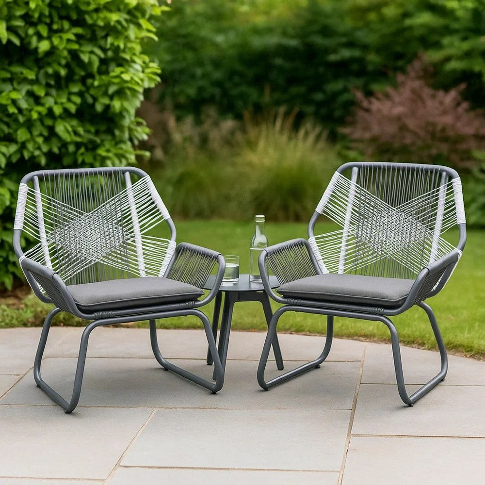 Benjara Meny Outdoor Club Chair Set of 2, White Rattan Woven, Matte Gray Metal