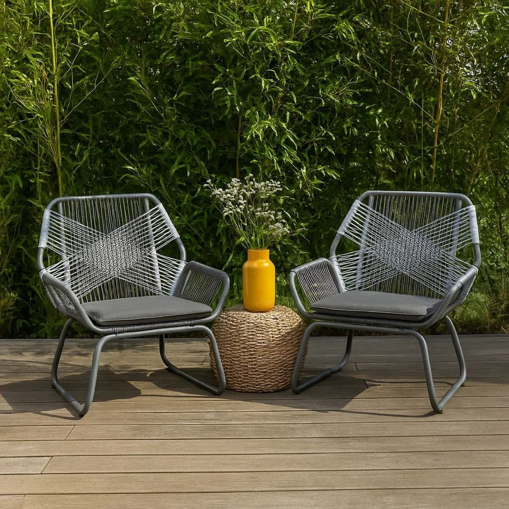 Benjara Meny Outdoor Club Chair Set of 2, White Rattan Woven, Matte Gray Metal