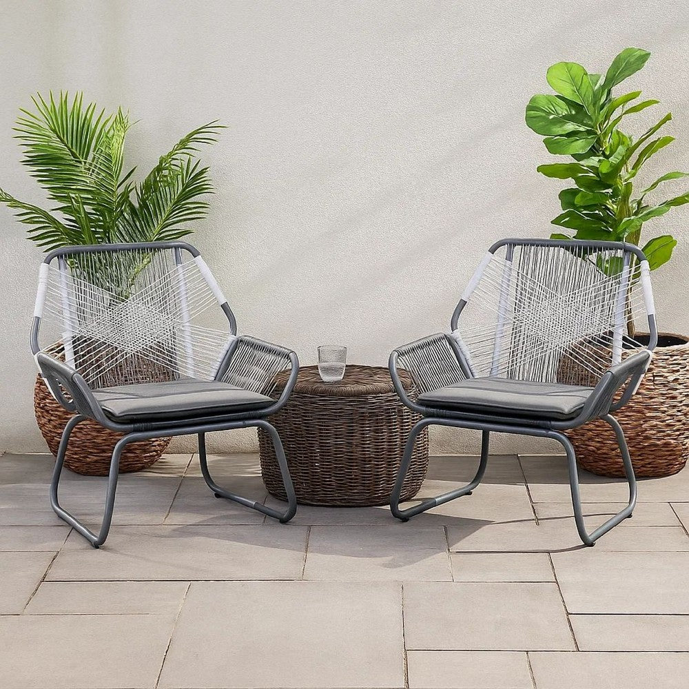Benjara Meny Outdoor Club Chair Set of 2, White Rattan Woven, Matte Gray Metal