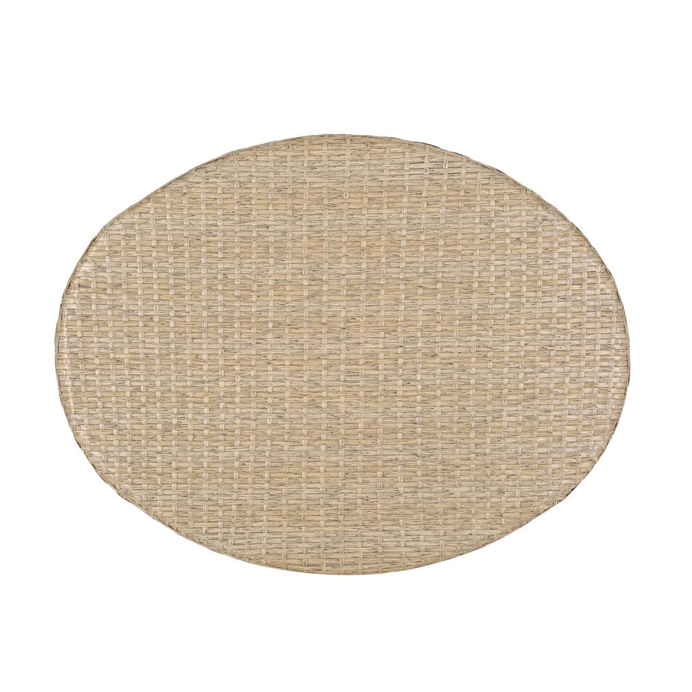 Benjara Resy Outdoor Coffee Table, 33 Inch Oval Top, Boho Brown Wicker Woven