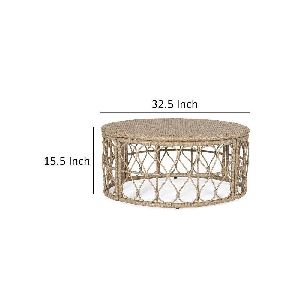 Benjara Resy Outdoor Coffee Table, 33 Inch Oval Top, Boho Brown Wicker Woven