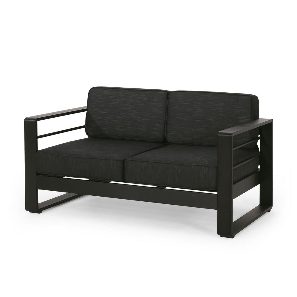 Benjara Besy Outdoor Loveseat, Black Cushion And Square Metal Frame, 57 Inch