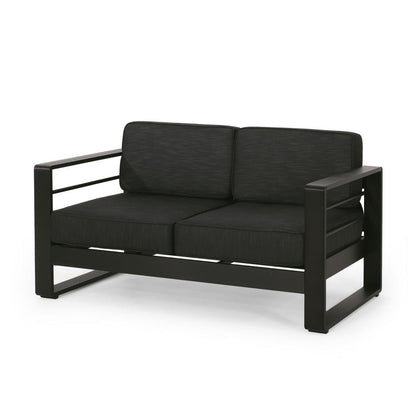 Benjara Besy Outdoor Loveseat, Black Cushion And Square Metal Frame, 57 Inch