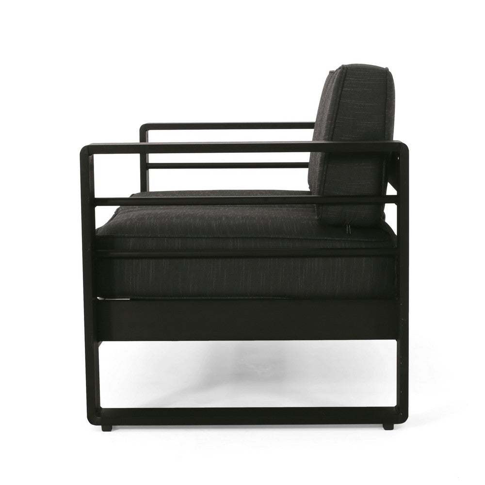 Benjara Besy Outdoor Loveseat, Black Cushion And Square Metal Frame, 57 Inch