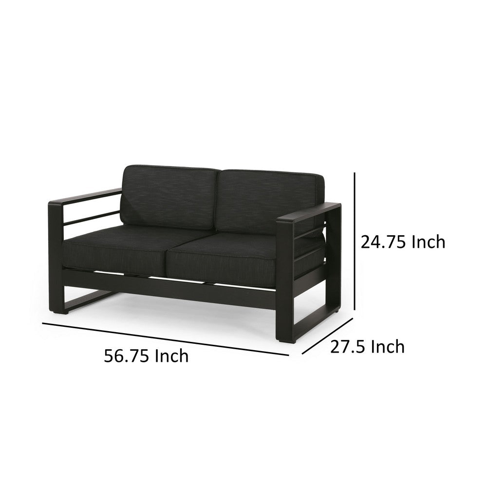 Benjara Besy Outdoor Loveseat, Black Cushion And Square Metal Frame, 57 Inch