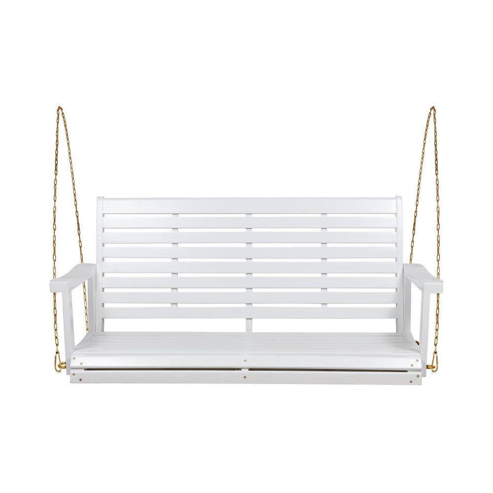 Benjara Mania Porch Swing Bench with Hanging Chain, Slatted White Acacia Wood