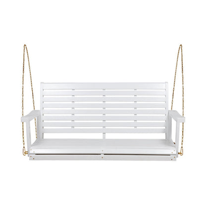 Benjara Mania Porch Swing Bench with Hanging Chain, Slatted White Acacia Wood