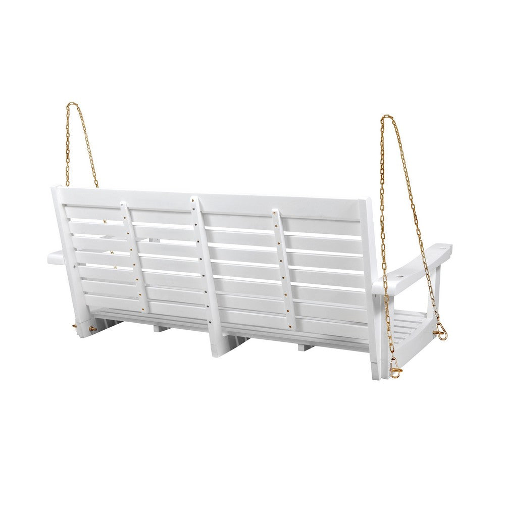Benjara Mania Porch Swing Bench with Hanging Chain, Slatted White Acacia Wood