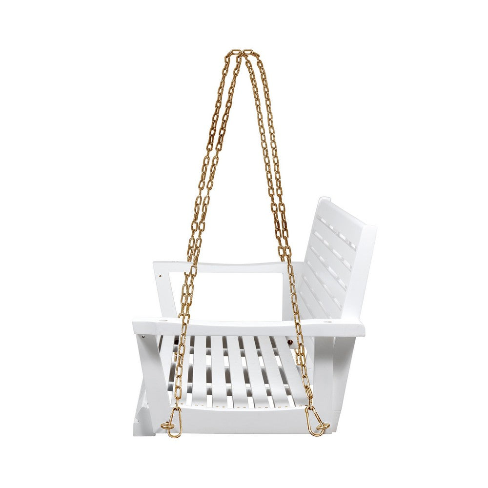 Benjara Mania Porch Swing Bench with Hanging Chain, Slatted White Acacia Wood