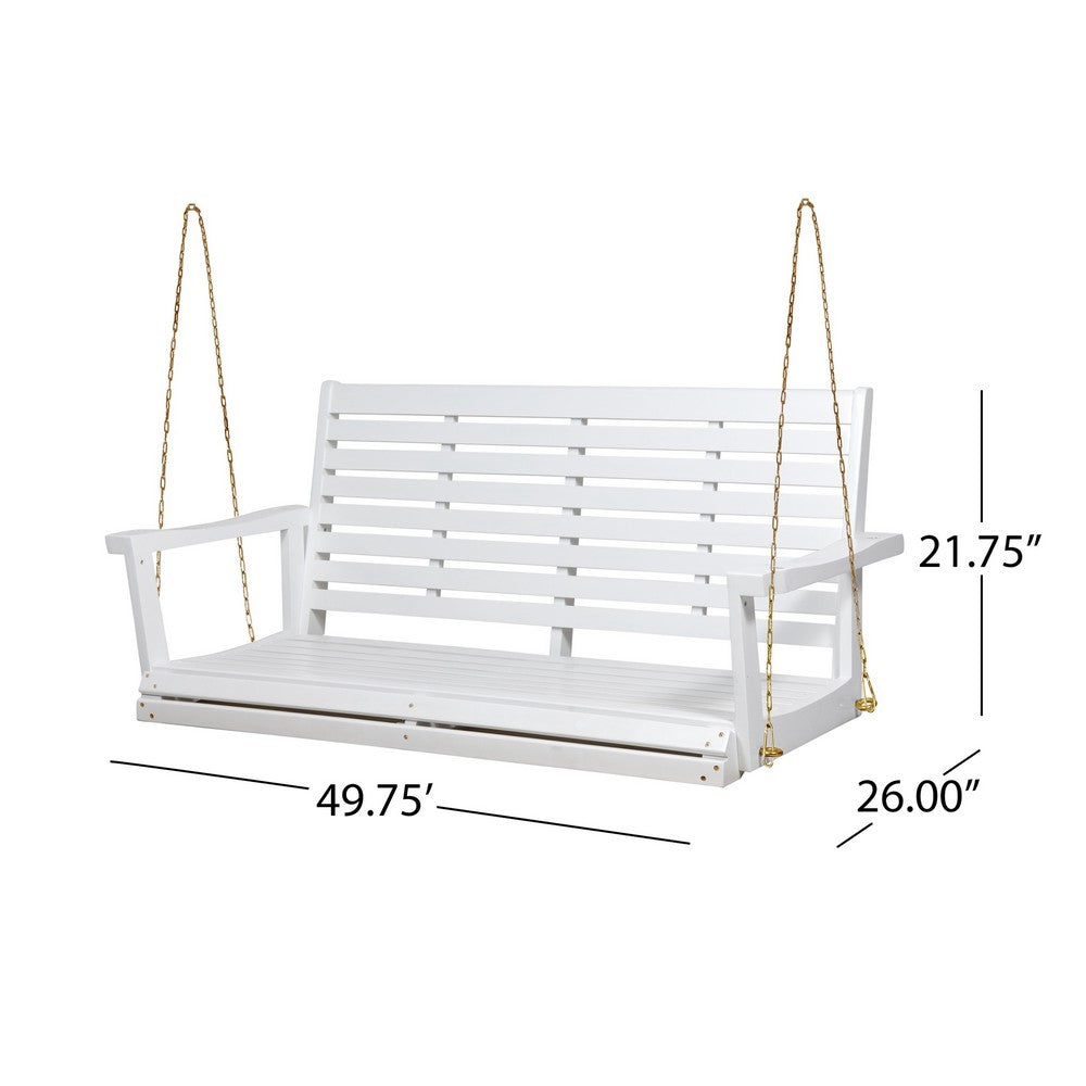 Benjara Mania Porch Swing Bench with Hanging Chain, Slatted White Acacia Wood