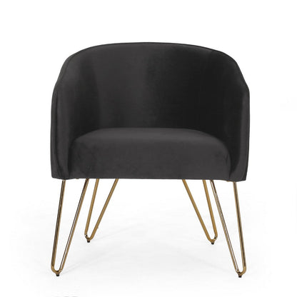 Benjara Anya Lounge Armchair, Gold Hairpin Legs, Curved Round Black Velvet