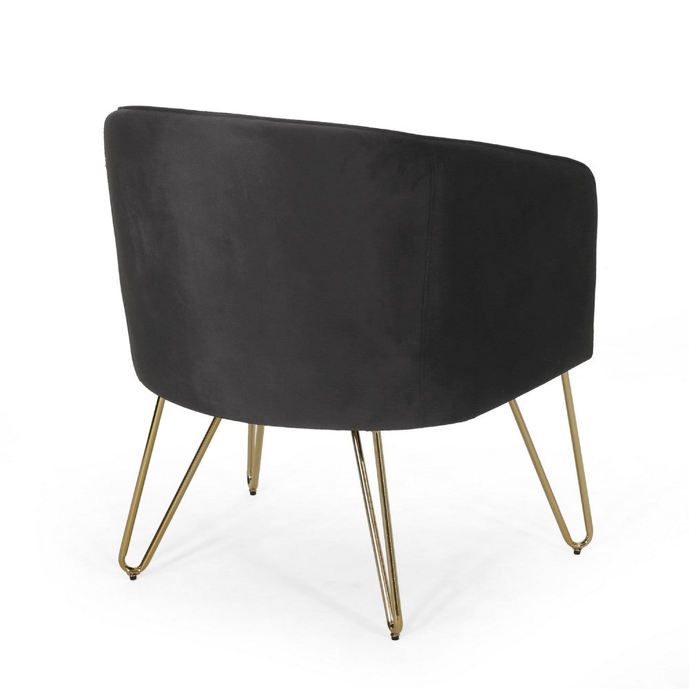 Benjara Anya Lounge Armchair, Gold Hairpin Legs, Curved Round Black Velvet