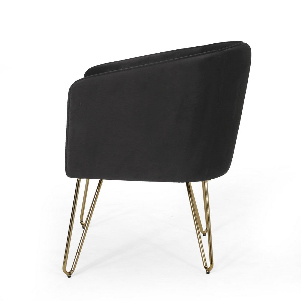 Benjara Anya Lounge Armchair, Gold Hairpin Legs, Curved Round Black Velvet