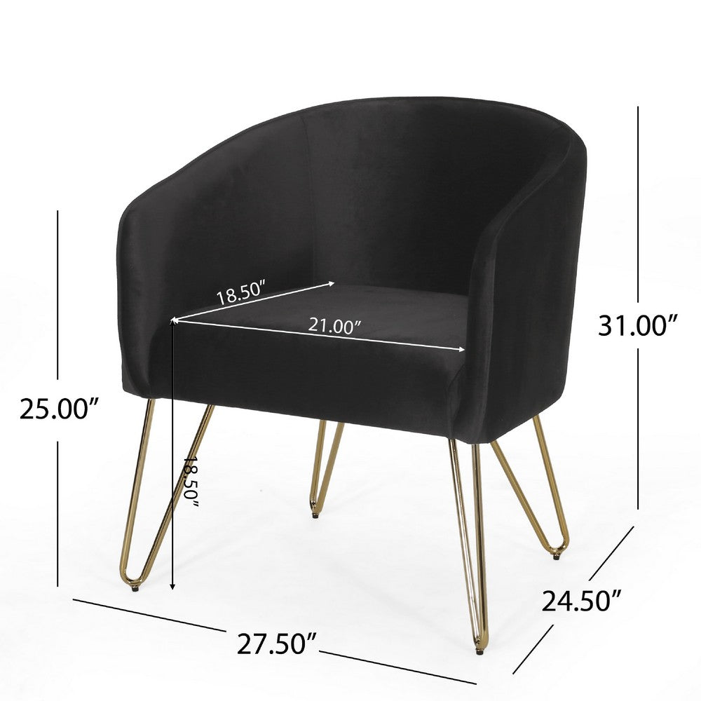 Benjara Anya Lounge Armchair, Gold Hairpin Legs, Curved Round Black Velvet