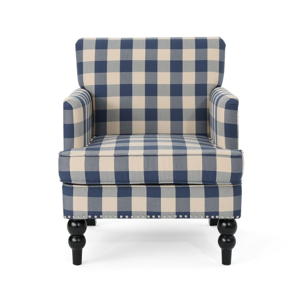 Benjara Lit Club Accent Chair with Turned Legs, Blue Black And Cream Fabric