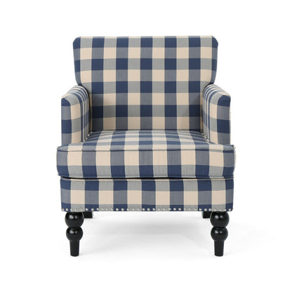 Benjara Lit Club Accent Chair with Turned Legs, Blue Black And Cream Fabric