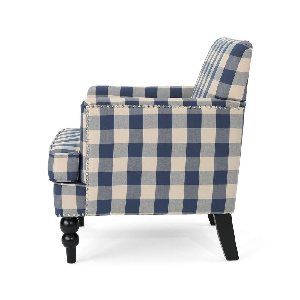 Benjara Lit Club Accent Chair with Turned Legs, Blue Black And Cream Fabric