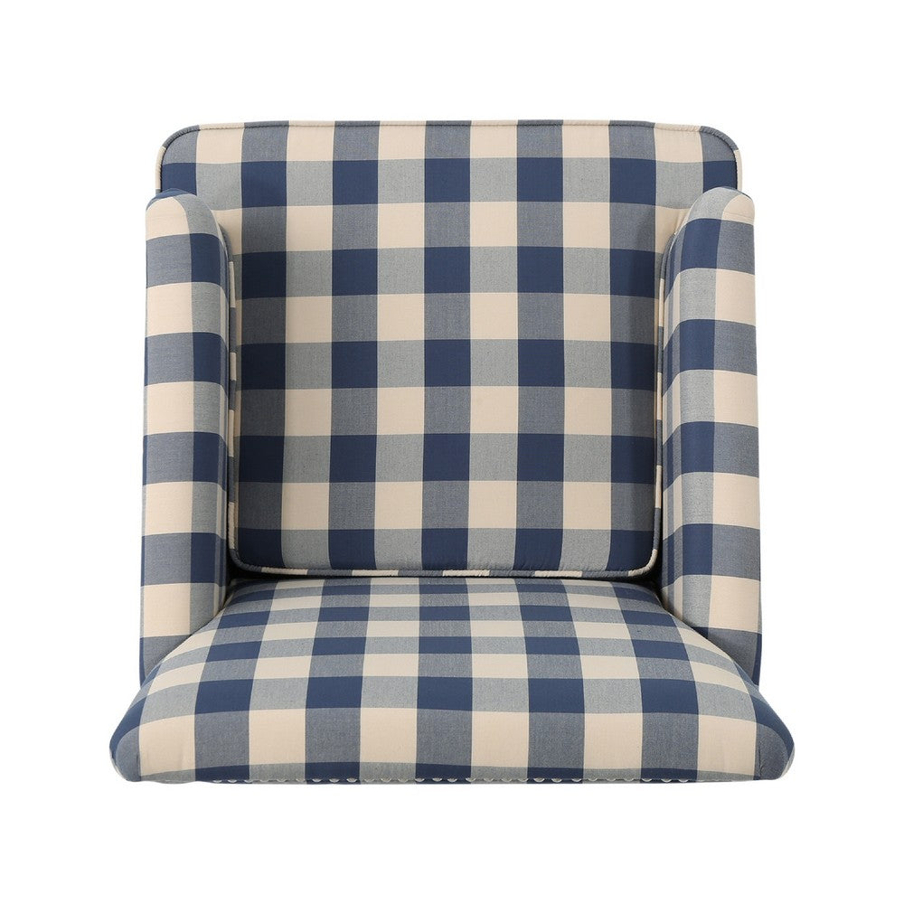 Benjara Lit Club Accent Chair with Turned Legs, Blue Black And Cream Fabric