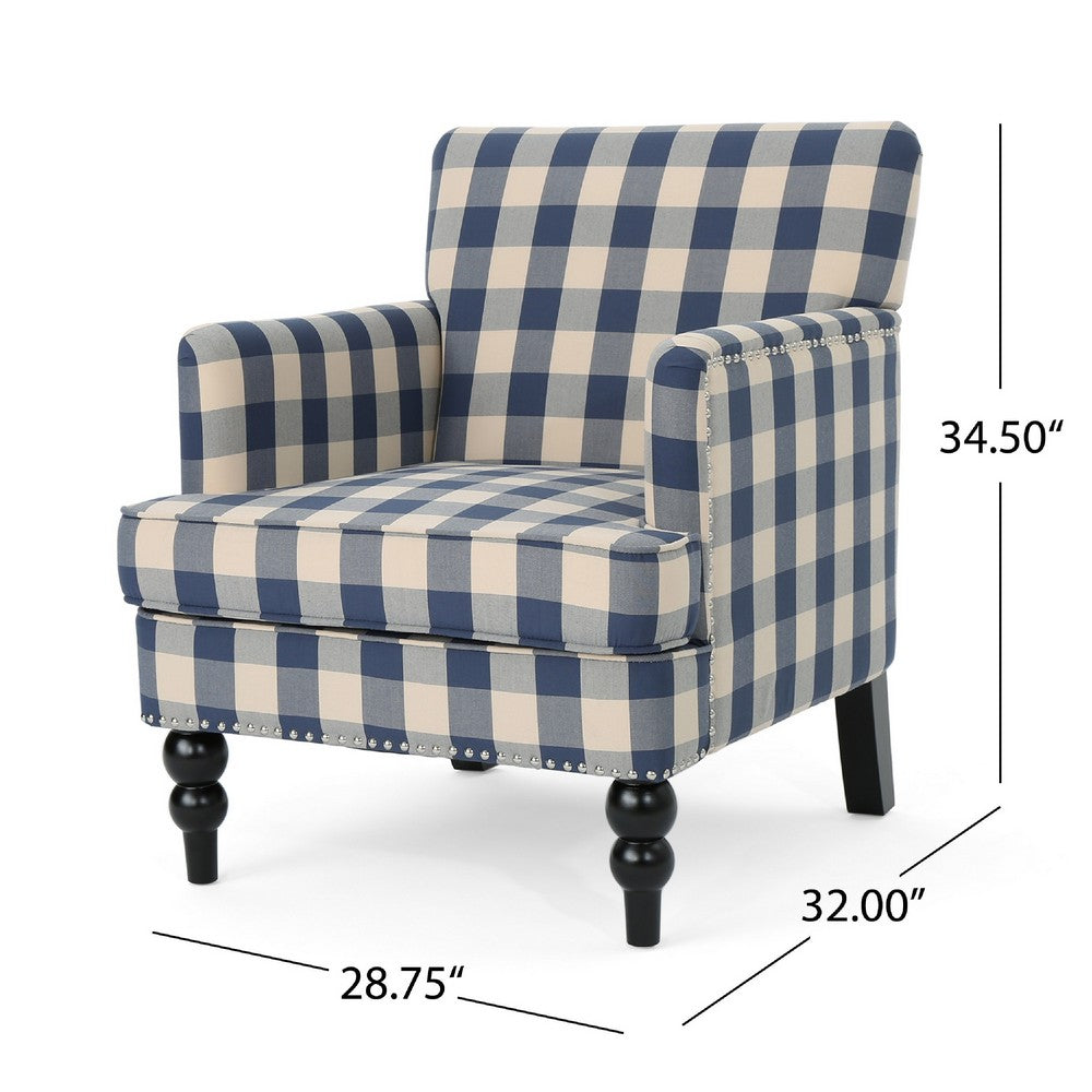 Benjara Lit Club Accent Chair with Turned Legs, Blue Black And Cream Fabric
