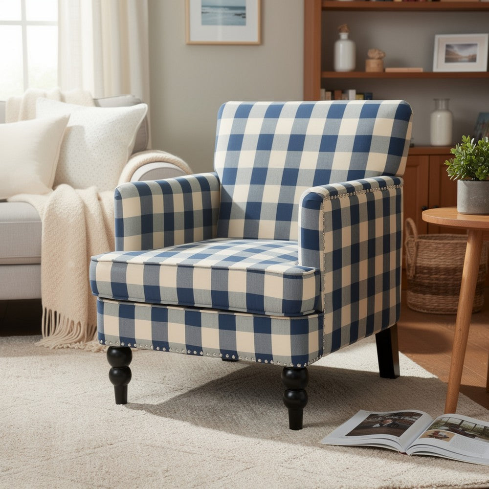 Benjara Lit Club Accent Chair with Turned Legs, Blue Black And Cream Fabric
