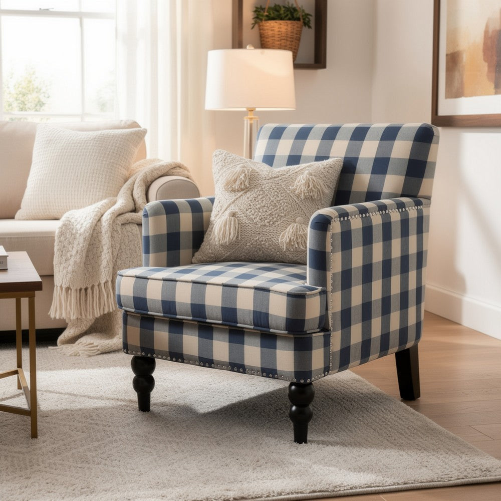 Benjara Lit Club Accent Chair with Turned Legs, Blue Black And Cream Fabric