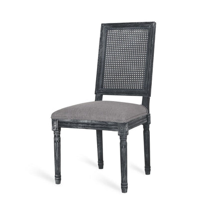 Benjara Roco Dining Chair Set of 2, Cane Backrest And Fluted Legs, Gray Fabric