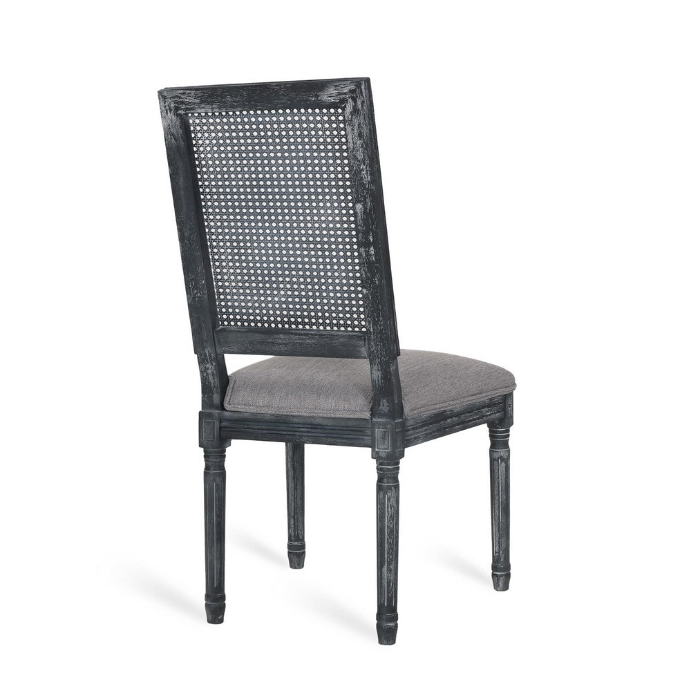 Benjara Roco Dining Chair Set of 2, Cane Backrest And Fluted Legs, Gray Fabric