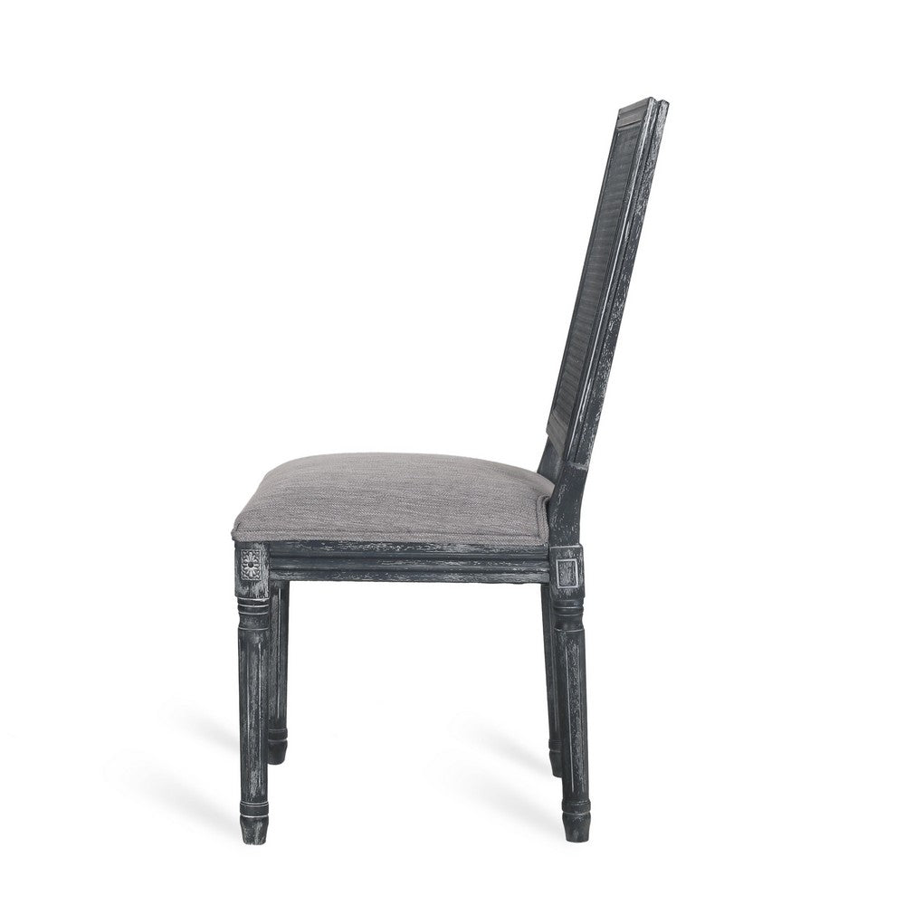 Benjara Roco Dining Chair Set of 2, Cane Backrest And Fluted Legs, Gray Fabric