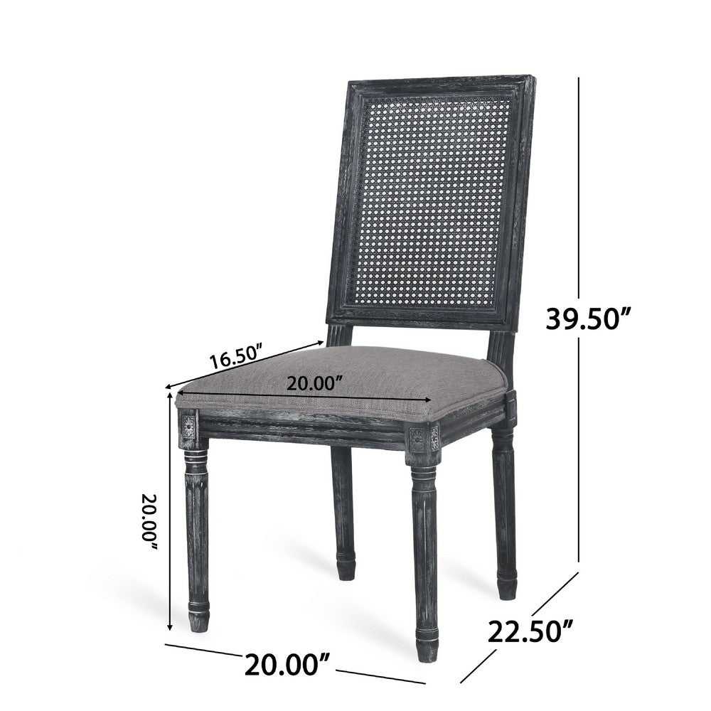 Benjara Roco Dining Chair Set of 2, Cane Backrest And Fluted Legs, Gray Fabric