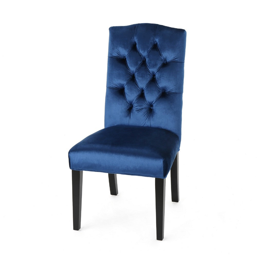Benjara Elona Dining Chair Set of 2, Blue Button Tufted Diamond Stitch Velvet