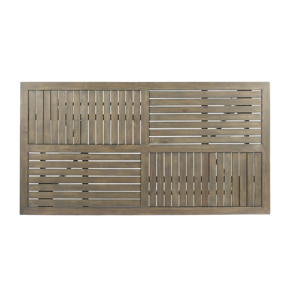 Benjara Ravie Outdoor Dining Table, 59 Inch Rectangular Slatted Top, Gray Wood