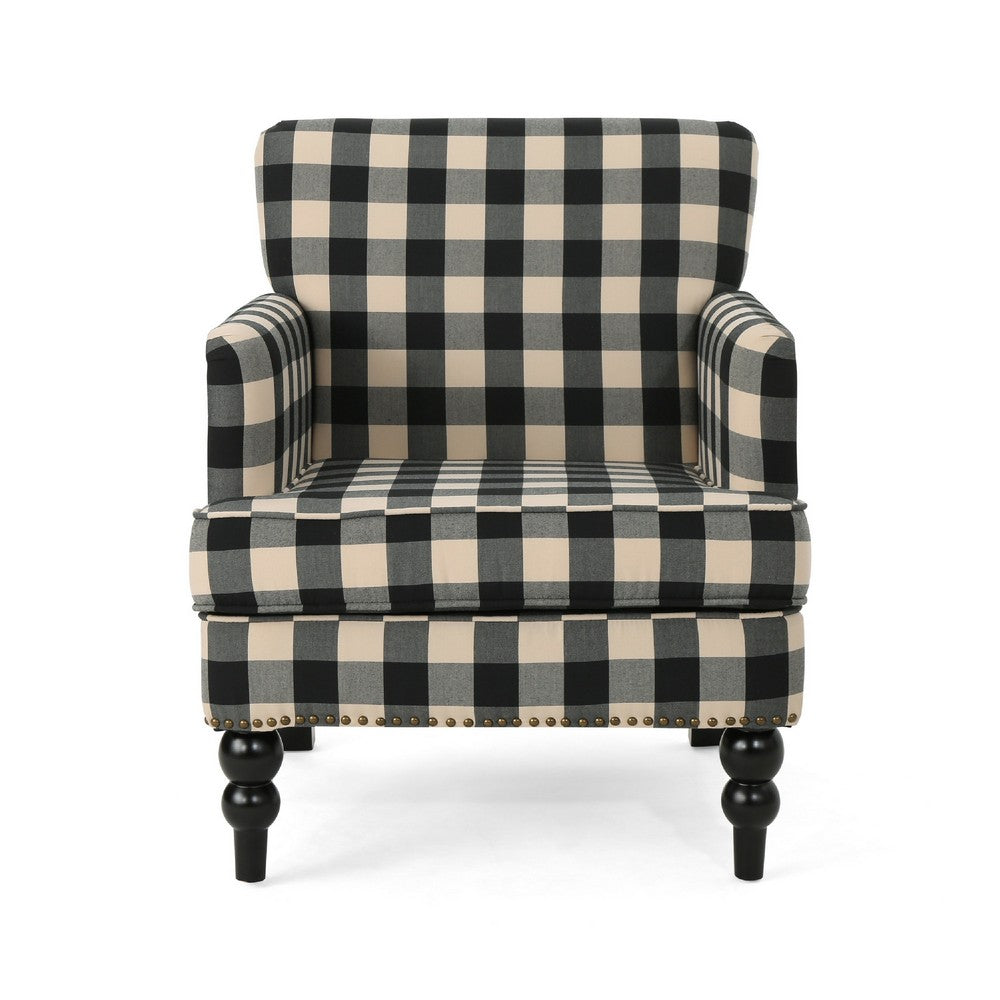 Benjara Lit Club Accent Chair with Turned Wood Legs, Black And Cream Plaid