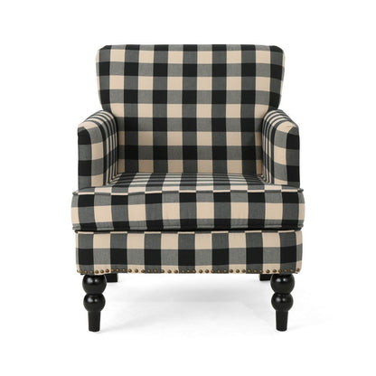 Benjara Lit Club Accent Chair with Turned Wood Legs, Black And Cream Plaid