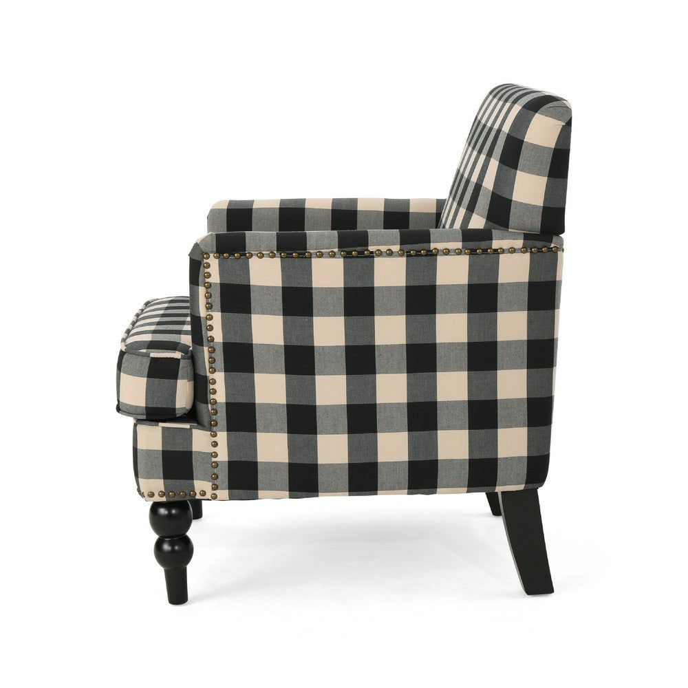 Benjara Lit Club Accent Chair with Turned Wood Legs, Black And Cream Plaid