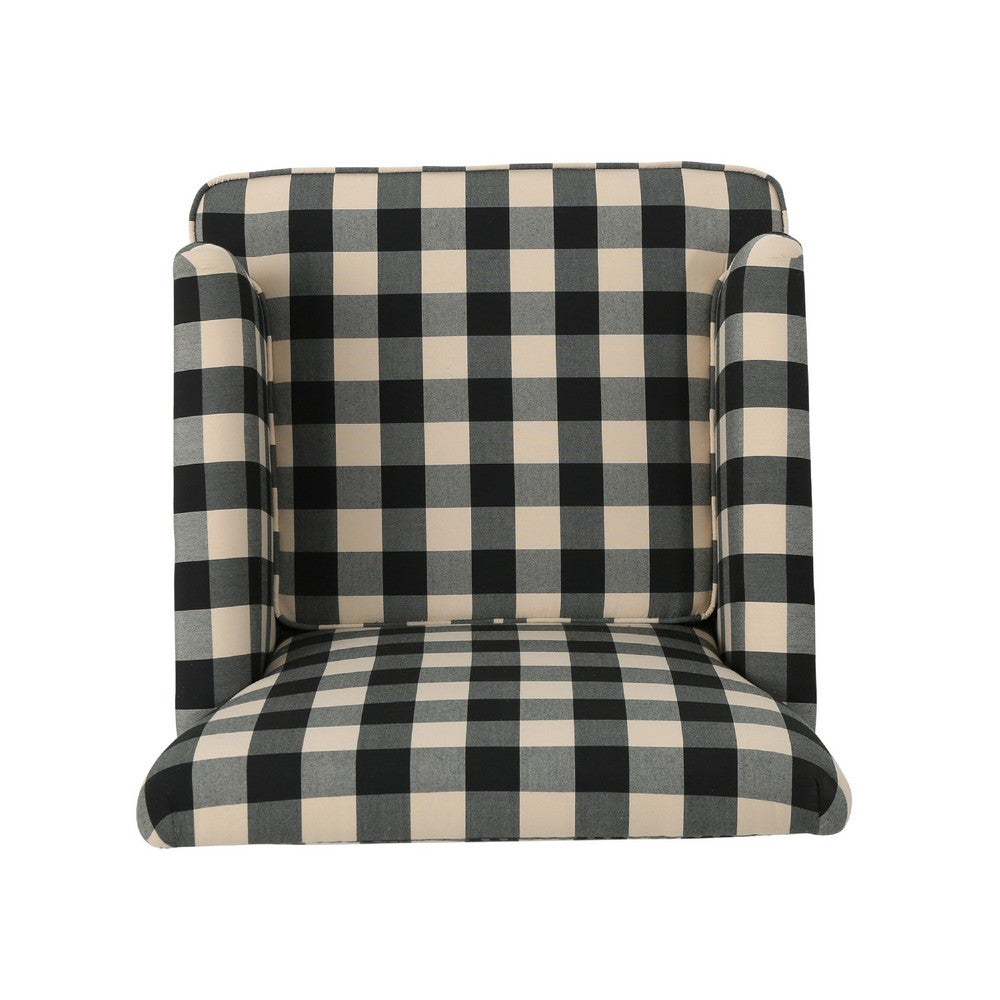 Benjara Lit Club Accent Chair with Turned Wood Legs, Black And Cream Plaid