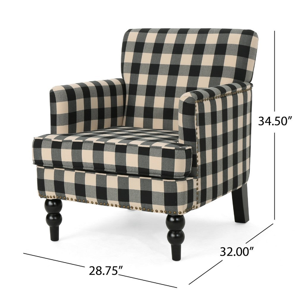 Benjara Lit Club Accent Chair with Turned Wood Legs, Black And Cream Plaid