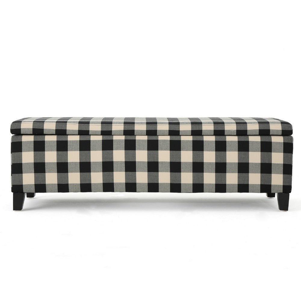Benjara Flash Ottoman Bench with Built In Storage, Black, Cream Plaid, 51 Inch