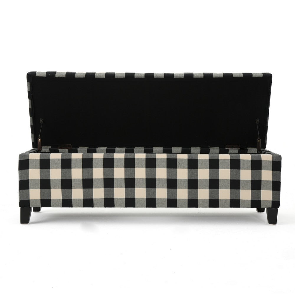 Benjara Flash Ottoman Bench with Built In Storage, Black, Cream Plaid, 51 Inch