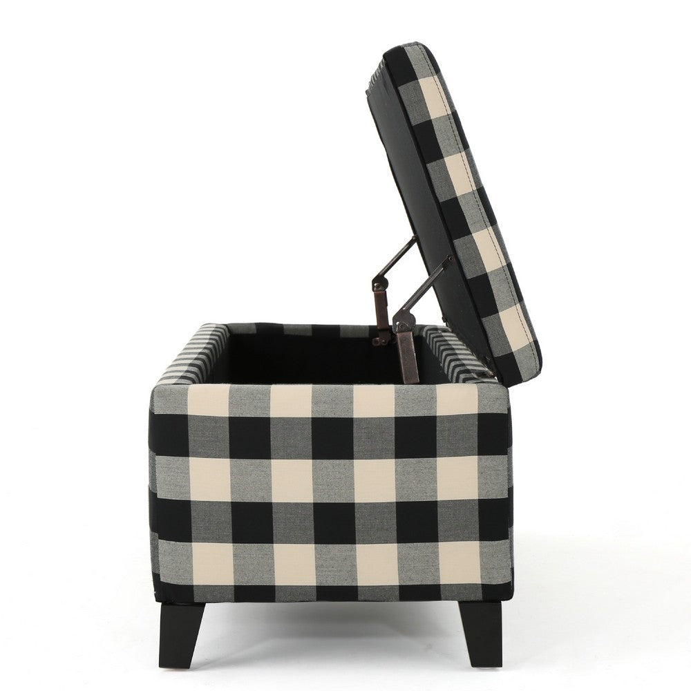 Benjara Flash Ottoman Bench with Built In Storage, Black, Cream Plaid, 51 Inch