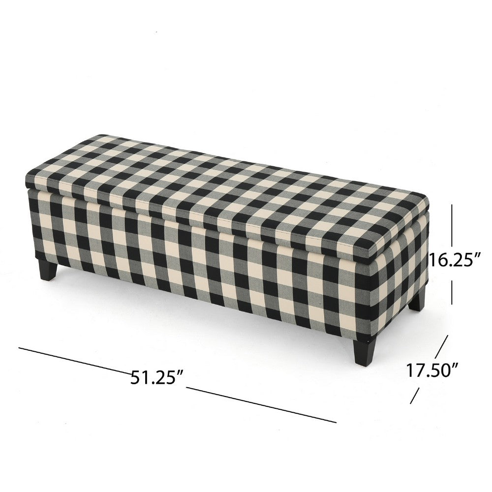 Benjara Flash Ottoman Bench with Built In Storage, Black, Cream Plaid, 51 Inch