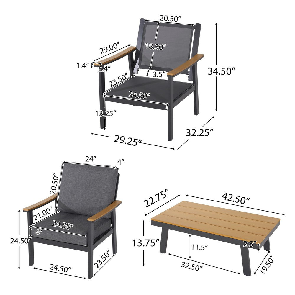 Benjara Vanie 4pc Outdoor Set with Loveseat, Chairs, And Table, Gray Olefin