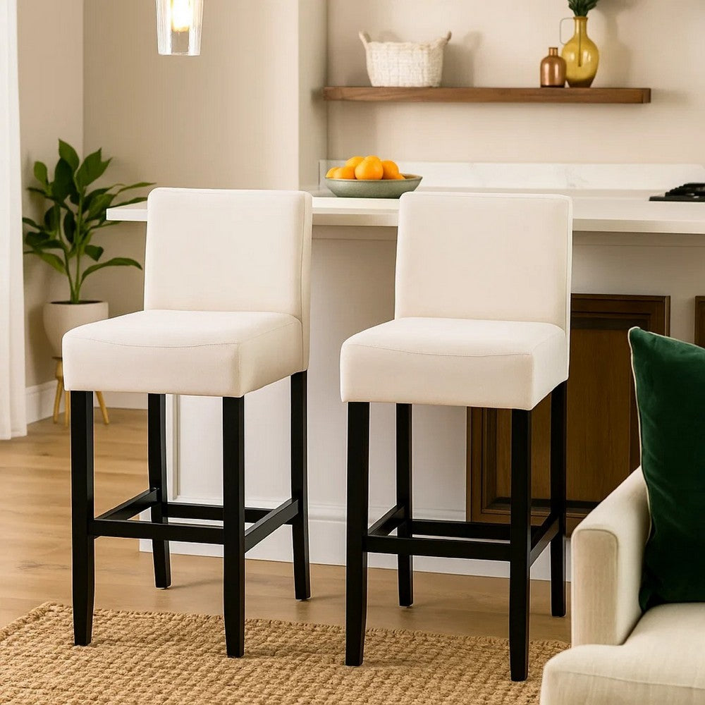 Benjara Kovey Counter Stool Chair Set of 2, Metal Kickplate, Beige Polyester
