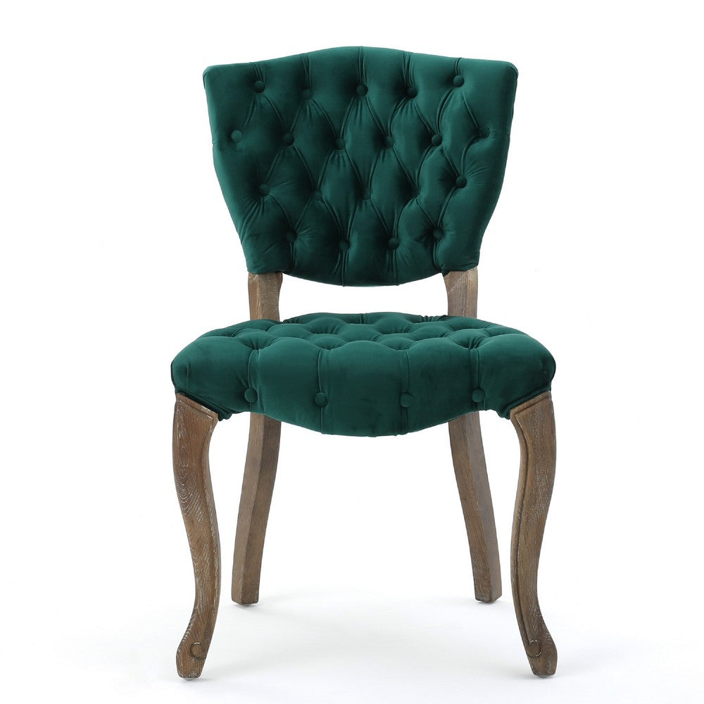 Benjara Magie Dining Chair Set of 2, Wood Scrolled Legs, Green Tufted Velvet
