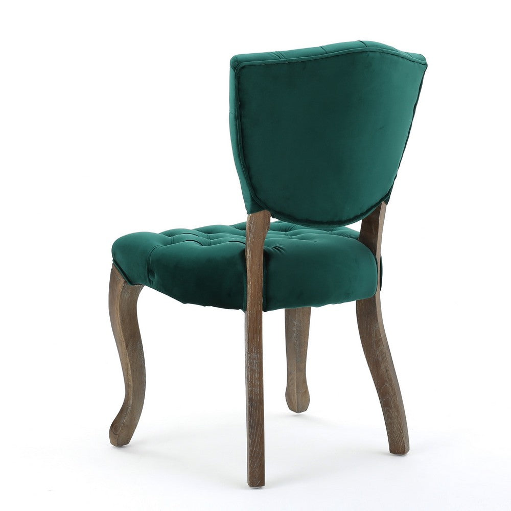 Benjara Magie Dining Chair Set of 2, Wood Scrolled Legs, Green Tufted Velvet