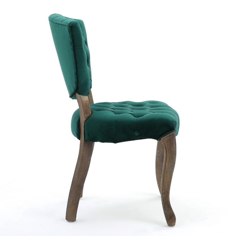 Benjara Magie Dining Chair Set of 2, Wood Scrolled Legs, Green Tufted Velvet