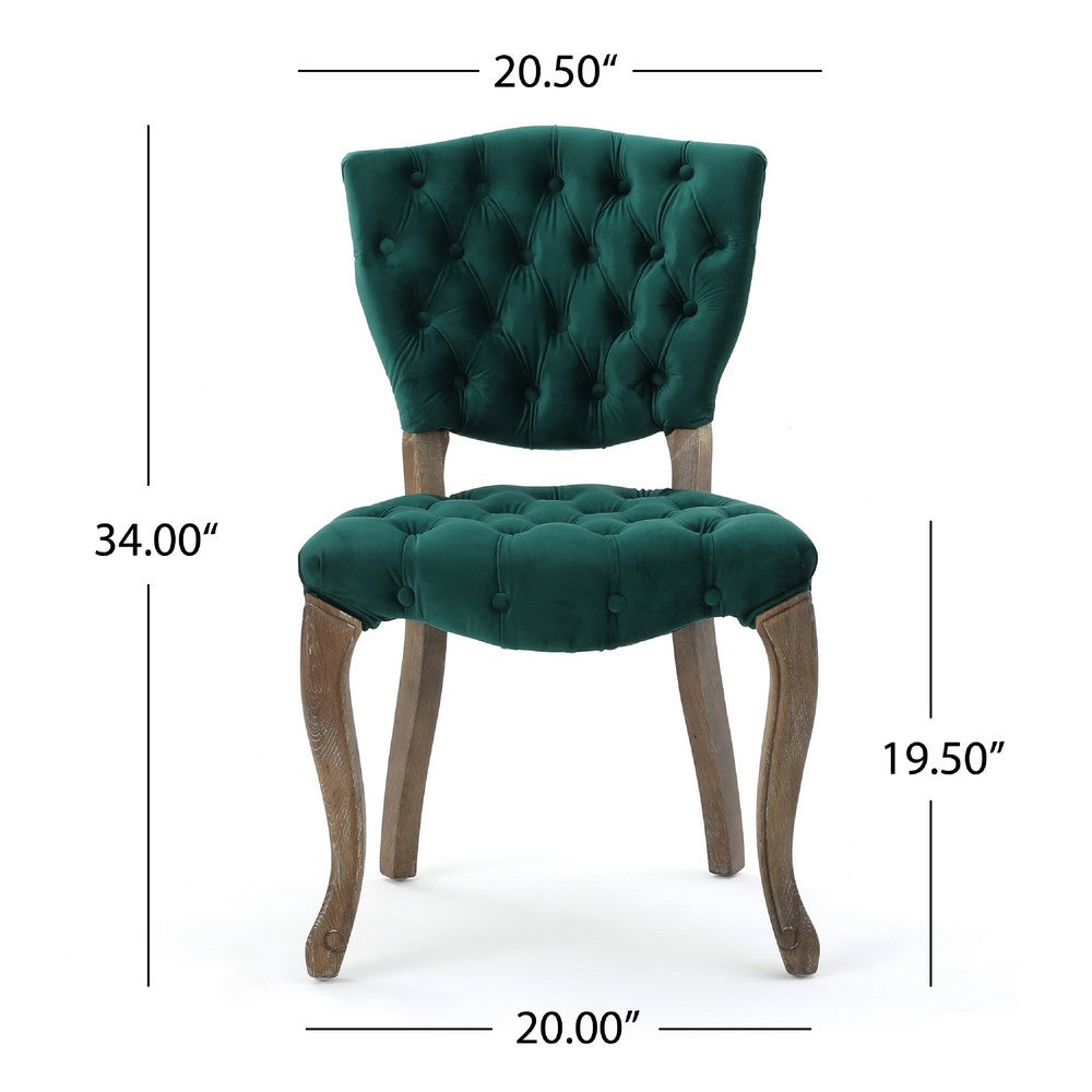 Benjara Magie Dining Chair Set of 2, Wood Scrolled Legs, Green Tufted Velvet