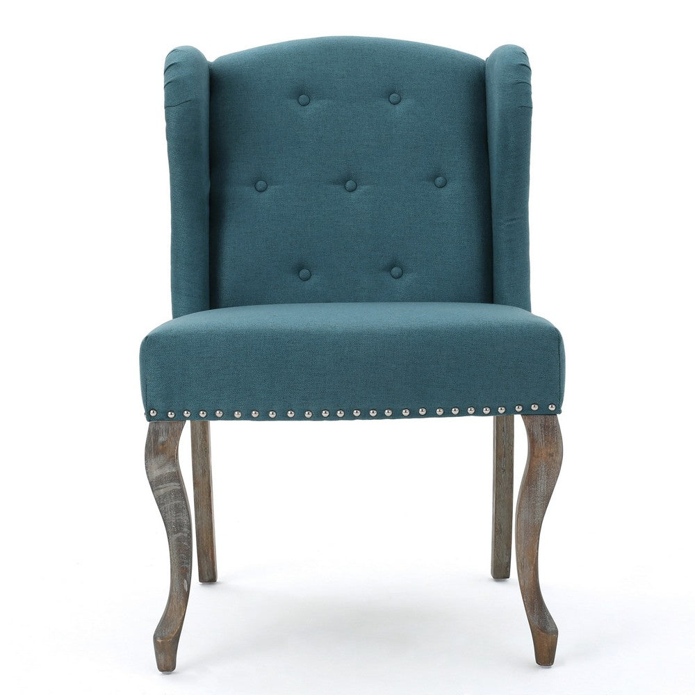 Benjara Zynx Accent Chair, Rubberwood Cabriole Legs, Button Tufted Teal Blue